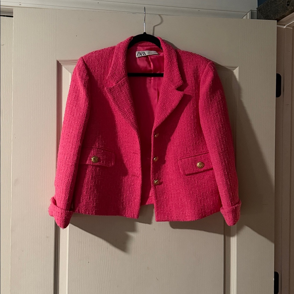 Zara Fuchsia Tweed Jacket with Gold Accents